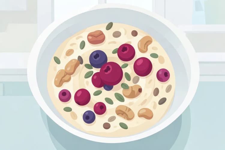 Um close-up de uma tigela de aveia com frutas vermelhas, nozes e sementes.