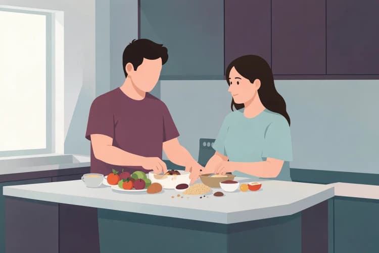 Um homem e uma mulher preparando um café da manhã saudável juntos em uma cozinha.