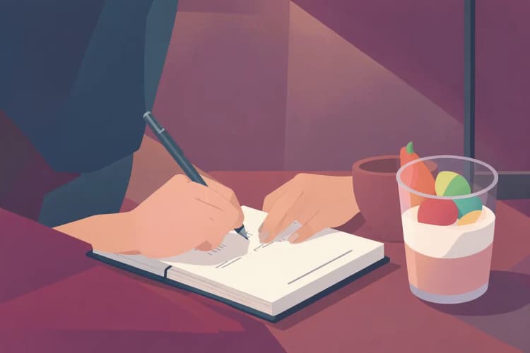 Uma pessoa fazendo anotações em um caderno com uma tigela de frutas e um copo de iogurte ao lado.