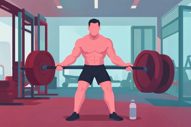 Um homem musculoso levantando peso em uma academia com uma garrafa de água ao lado.