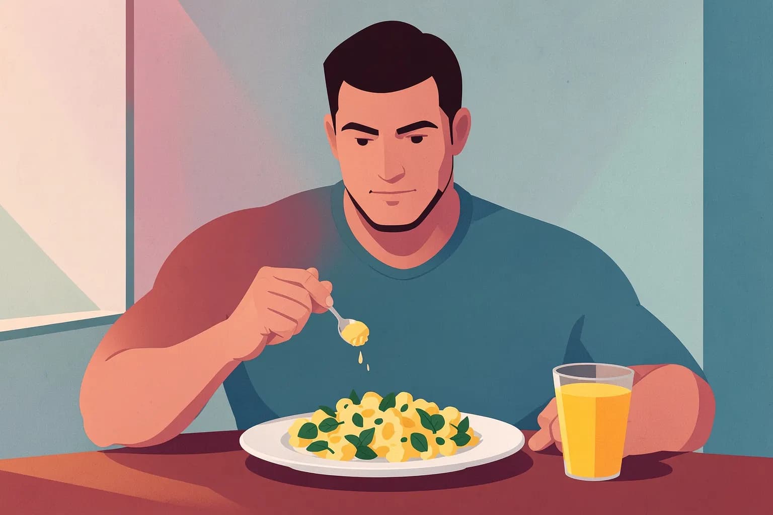 Um homem musculoso comendo um prato de ovos mexidos com espinafre e torradas, com um copo de suco de laranja ao lado.