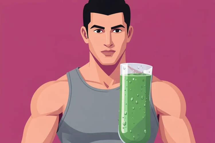 Um homem musculoso bebendo um smoothie verde de um copo grande após um treino.