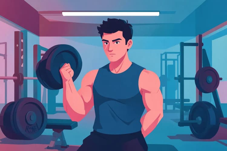 Um homem musculoso levantando pesos numa sala de ginásio com equipamento de treino ao fundo.
