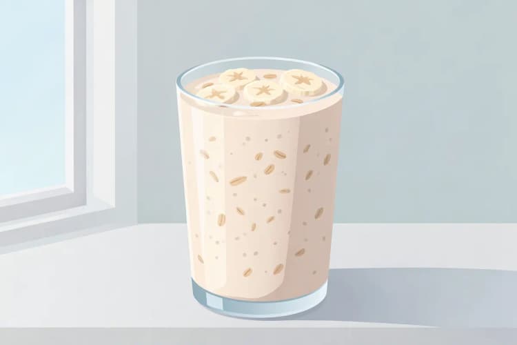 Um copo de smoothie de aveia com pedaços de aveia e uma banana fatiada por cima, num balcão de cozinha.