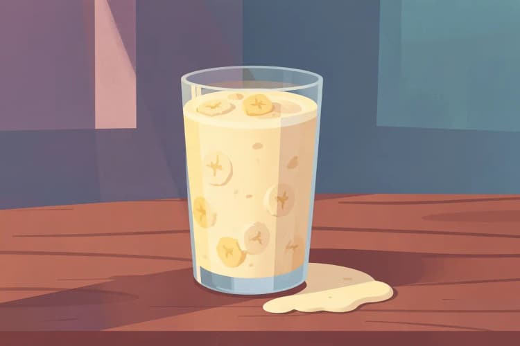 Um copo de smoothie de banana com pedaços de banana e um pouco de leite derramado ao lado, num balcão de madeira.