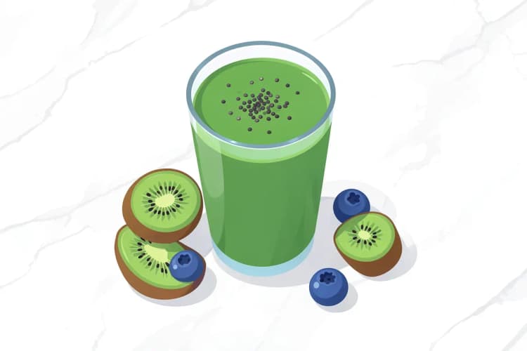 Um copo de smoothie vegano verde com sementes de chia por cima, rodeado por frutas frescas como kiwi e mirtilos.