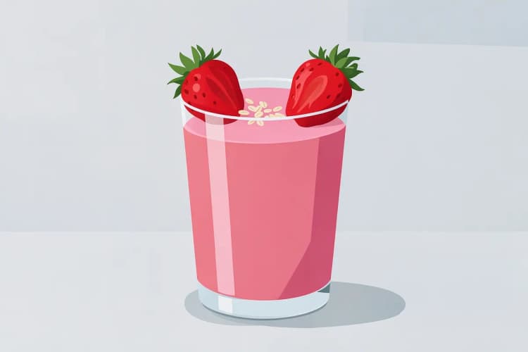 Um copo de smoothie de morango com pedaços de morango e aveia por cima, num balcão de cozinha.