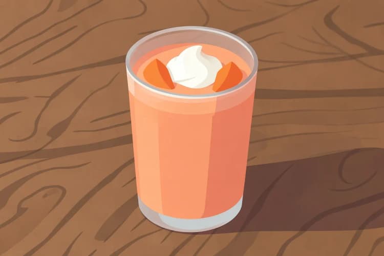 Um copo de smoothie de pêssego com pedaços de pêssego e um pouco de iogurte por cima, num balcão de madeira.