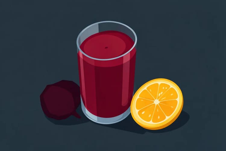 Um copo de sumo de beterraba com laranja e proteína em pó, com uma beterraba e uma laranja cortadas ao lado.
