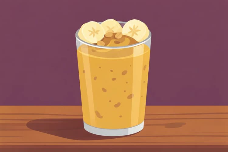 Um copo de batido de banana e manteiga de amendoim com pedaços de banana e amendoins por cima, num balcão de madeira.