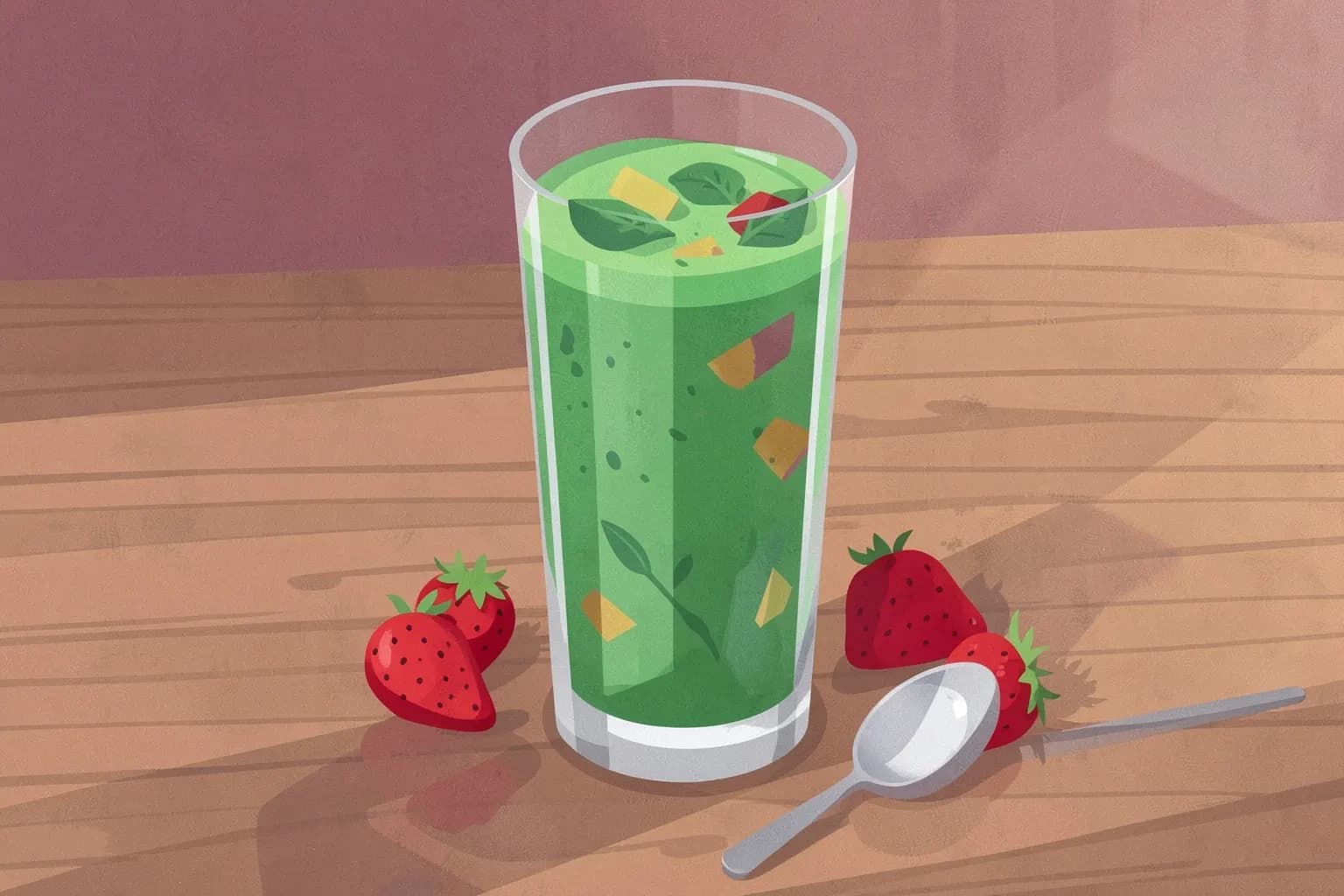 Um copo de smoothie verde com pedaços de fruta e folhas de espinafre, com uma colher e alguns morangos ao lado num balcão de madeira.