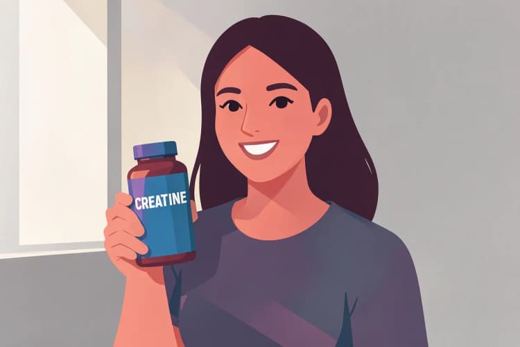 Uma mulher segurando um frasco de creatina com um sorriso.