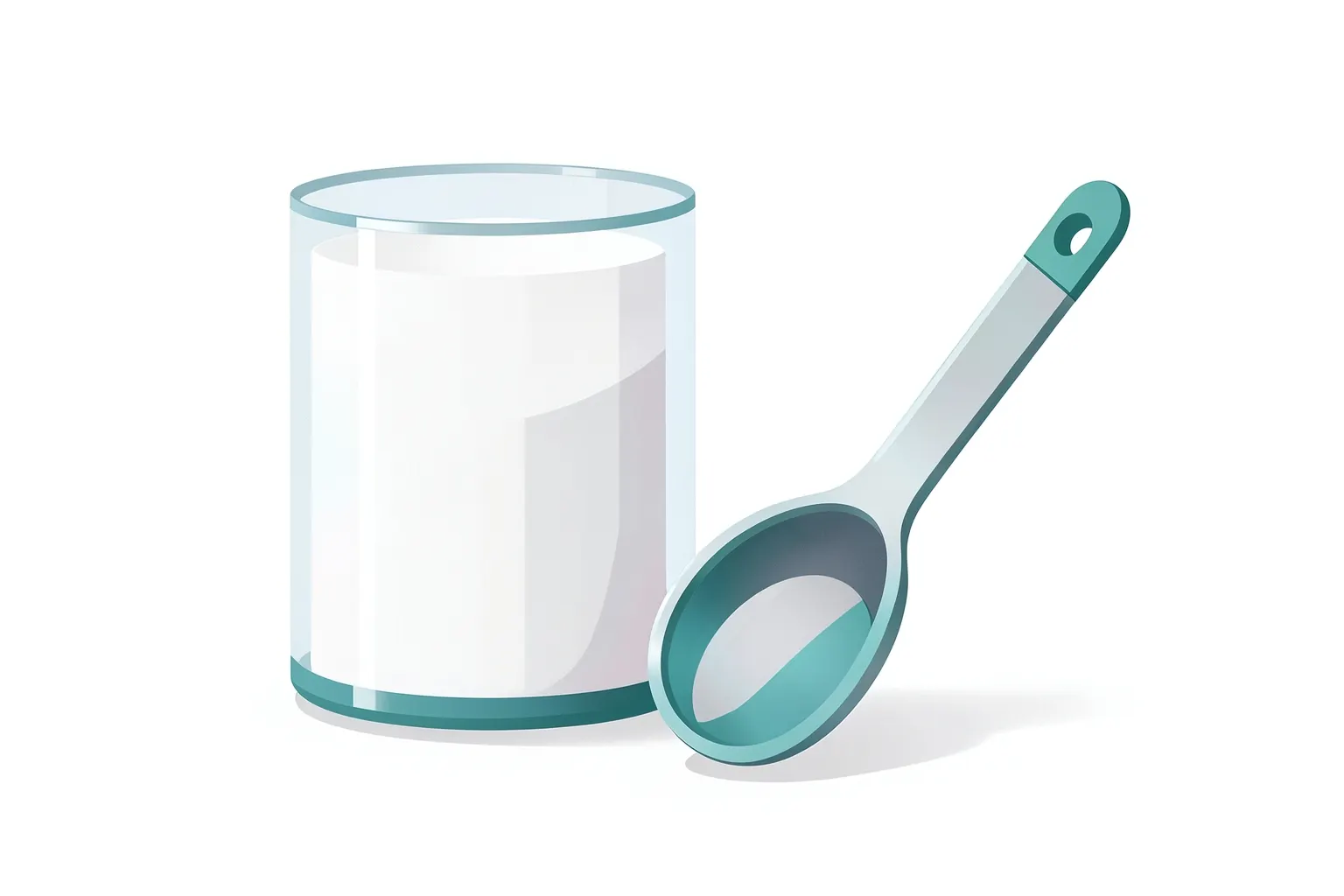 Um pó branco de creatina em um recipiente transparente com uma colher de metal ao lado em um fundo branco.