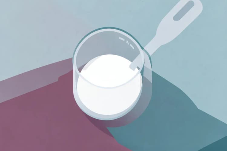 Primer plano de un vaso de precipitados con un polvo blanco y una cuchara medidora al lado, sobre una superficie de laboratorio.