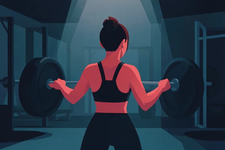 Mujer atlética de espaldas, con el pelo recogido, levantando pesas en un gimnasio moderno con luz tenue.