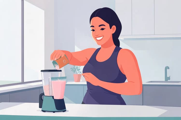 Mujer sonriente con ropa deportiva, preparando un batido de creatina en una cocina luminosa con una licuadora y un paquete de creatina.