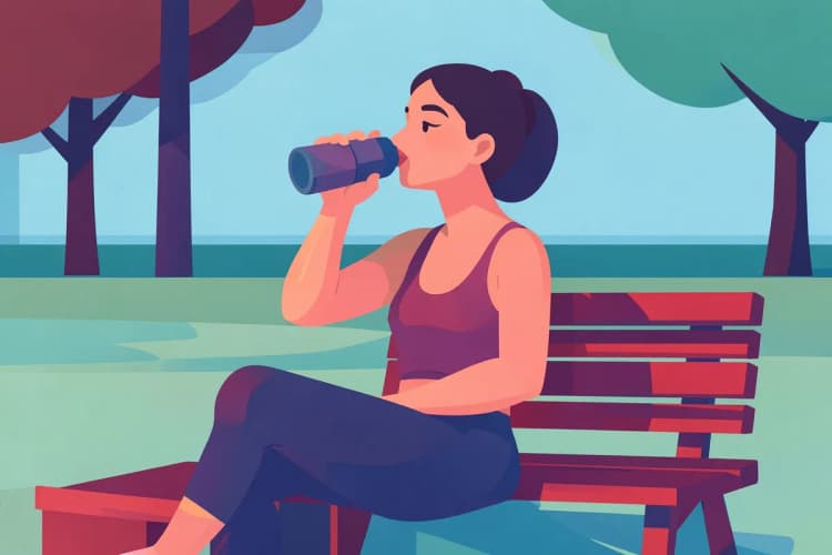 Una mujer sentada en un banco del parque, bebiendo agua de una botella deportiva después de hacer ejercicio.