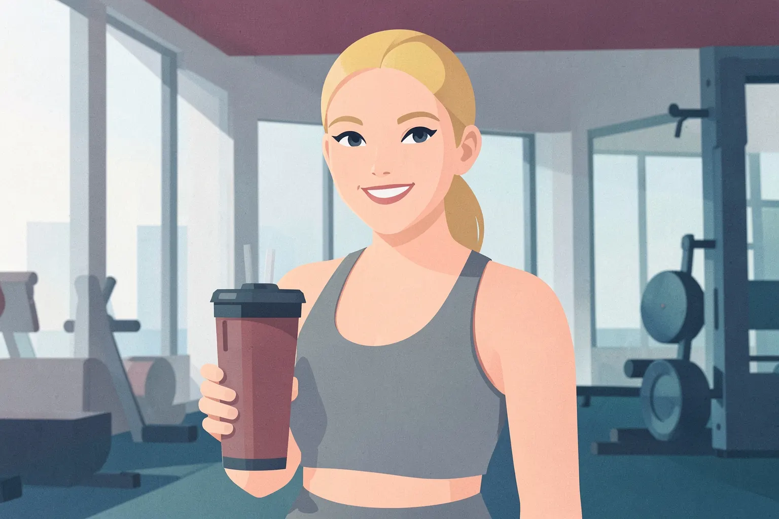 Mujer joven con cabello rubio recogido, vestida con ropa deportiva gris, sonriendo mientras sostiene un vaso de batido de proteínas en un gimnasio con luz natural.