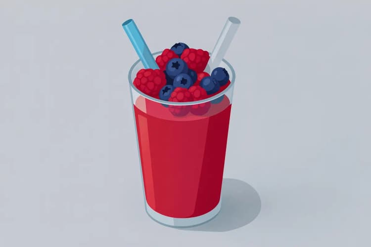Primer plano de un batido de proteínas en un vaso con frutas rojas y una pajita