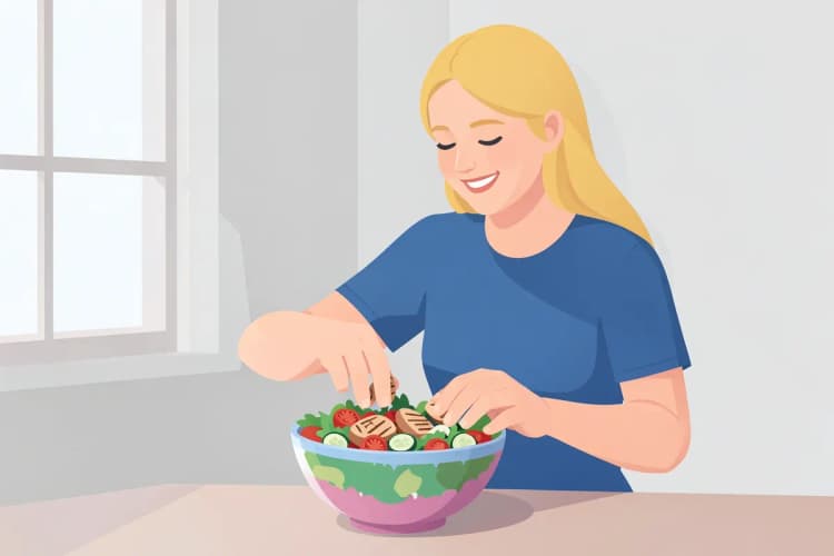 Mujer sonriente preparando una ensalada con pechuga de pollo a la parrilla y verduras frescas