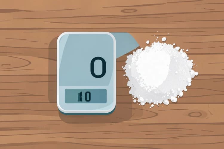 Balanza de cocina con un montículo de proteína en polvo sobre una superficie de madera