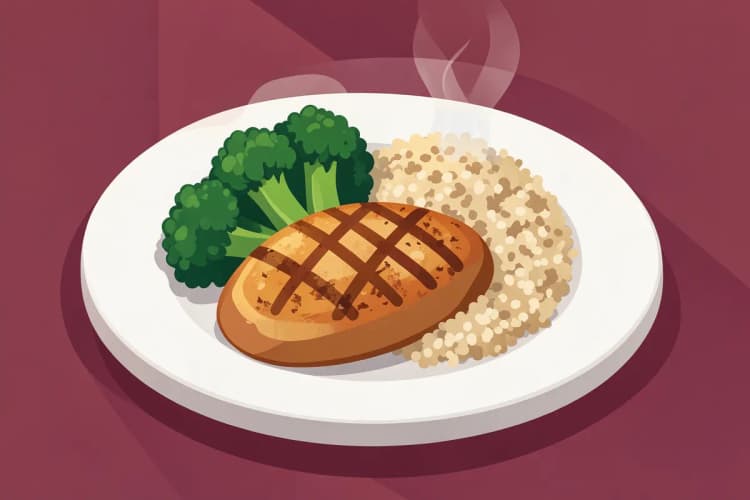 Plato con pechuga de pollo a la parrilla, brócoli al vapor y quinoa