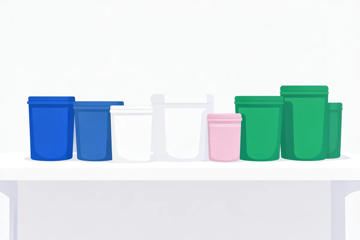 Variedad de suplementos de proteína en polvo en diferentes envases sobre una mesa