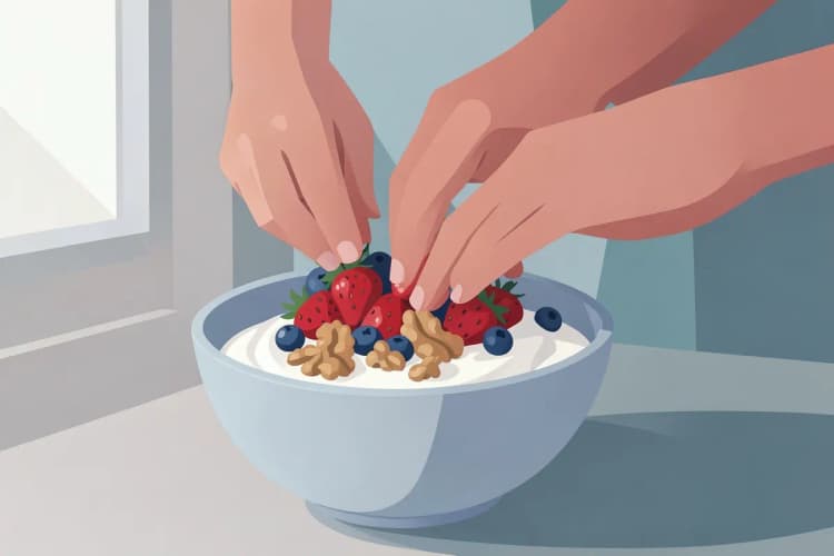 Mujer añadiendo fruta fresca a un tazón de yogur griego con un puñado de nueces encima