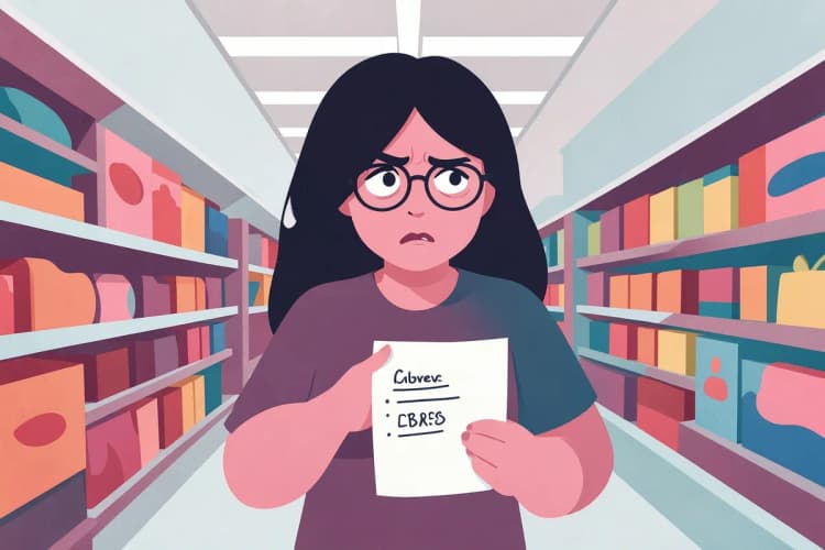 Mujer mirando con frustración una lista de alimentos en un papel mientras está en un supermercado