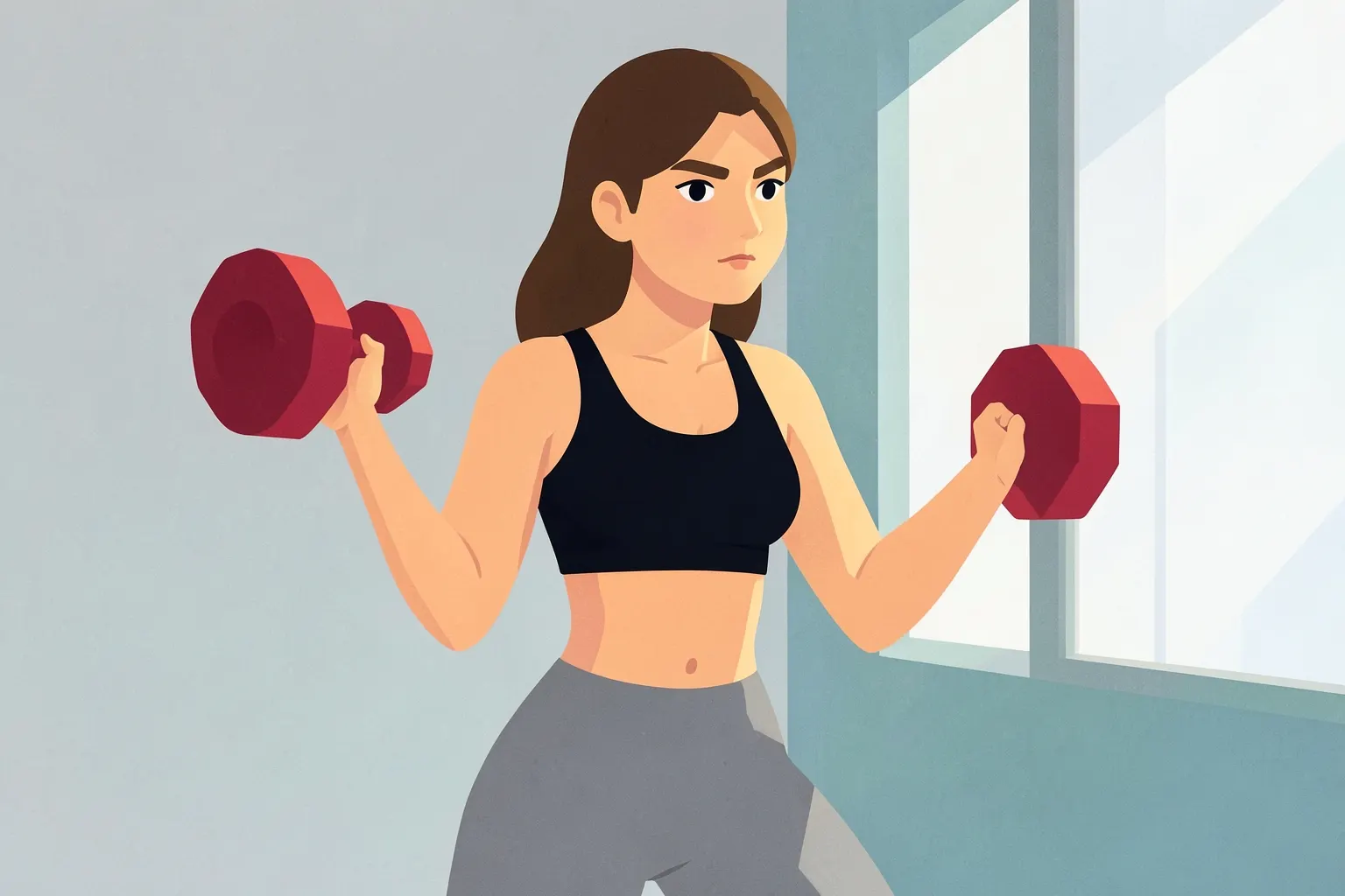 Mujer joven levantando pesas en un gimnasio con luz natural brillante