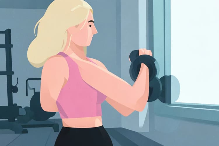 Mulher levantando halteres em uma academia, focando nos bíceps.