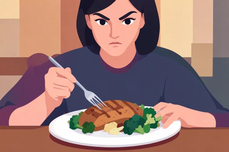 Mulher comendo peito de frango grelhado com brócolis, representando uma dieta rica em proteínas.