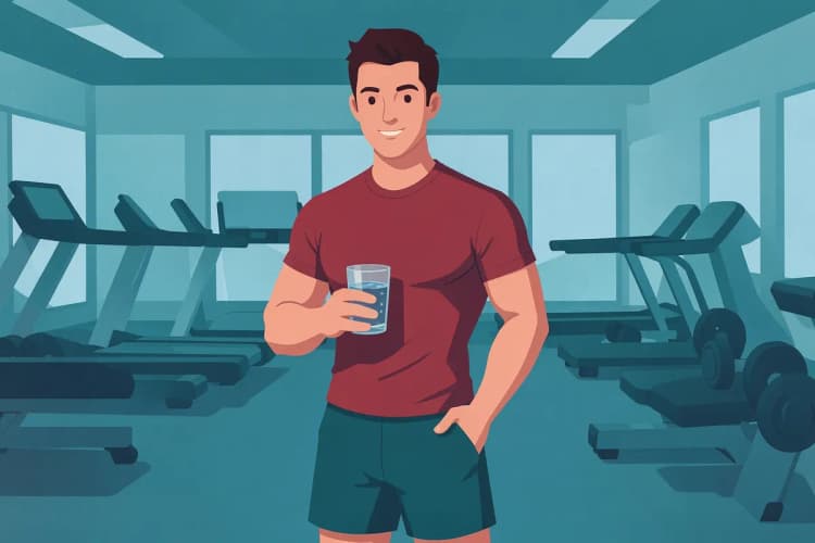 Un hombre sonriente sosteniendo un vaso de agua con creatina disuelta, mostrando un estilo de vida saludable.