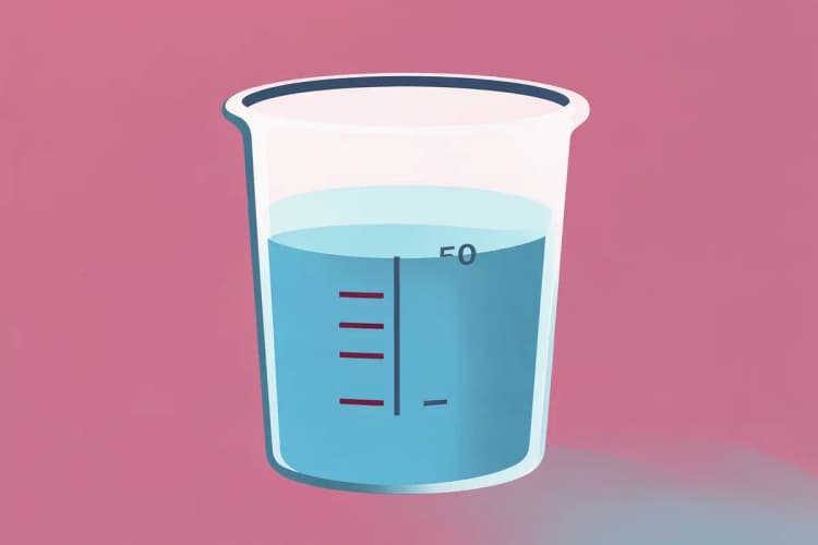 Un vaso medidor con marcas de volumen, mostrando la cantidad de agua.