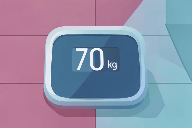 Una báscula de baño mostrando el peso de 70 kg, indicando la masa corporal.