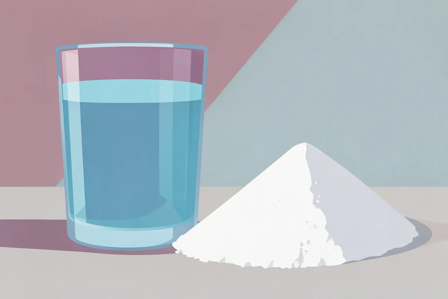 Un vaso de agua con un montículo de creatina monohidratada en polvo al lado.