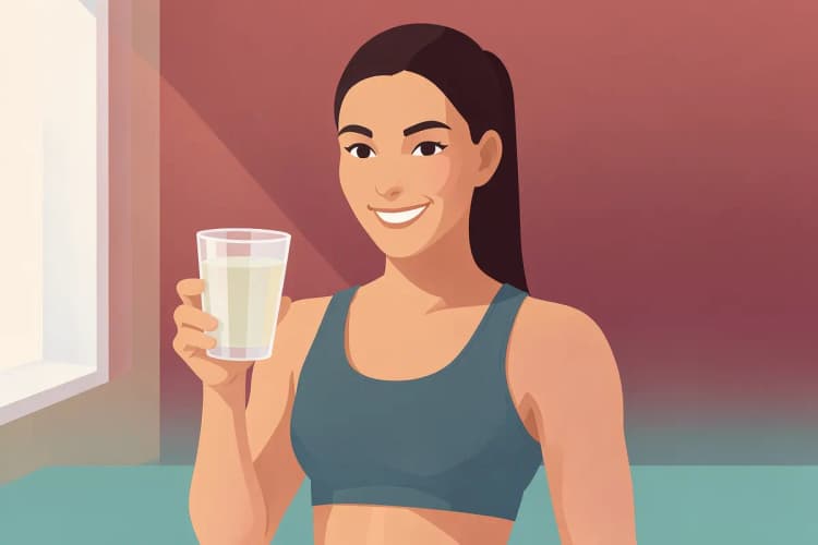mulher sorrindo e segurando um copo de água com suplemento de creatina misturado