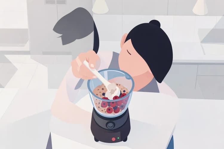mulher preparando um shake de proteína com creatina em pó e frutas em um liquidificador