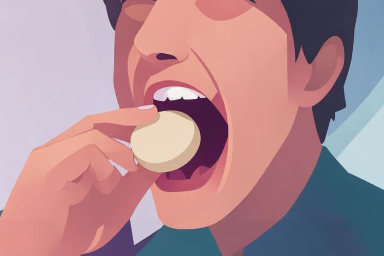 Una persona masticando una pastilla de suplemento de creatina, con un fondo desenfocado.
