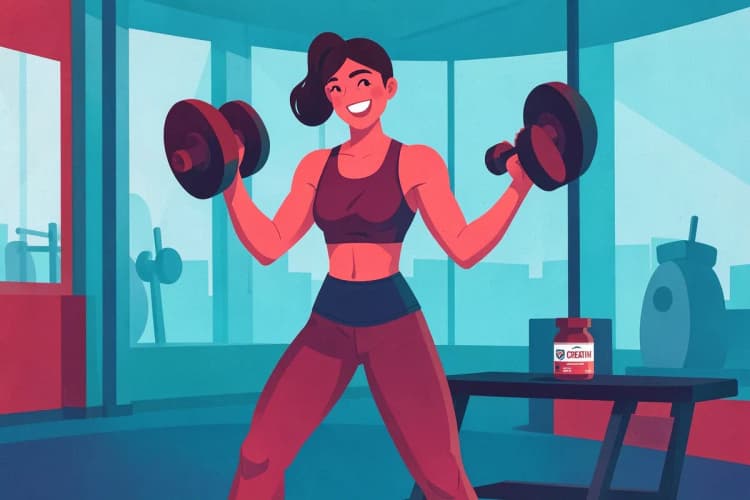 Una mujer sonriente haciendo ejercicio en un gimnasio, con un suplemento de creatina a su lado.