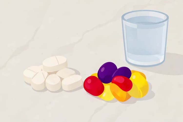 Una pila de pastillas de creatina masticable y gomitas de creatina junto a un vaso de agua.