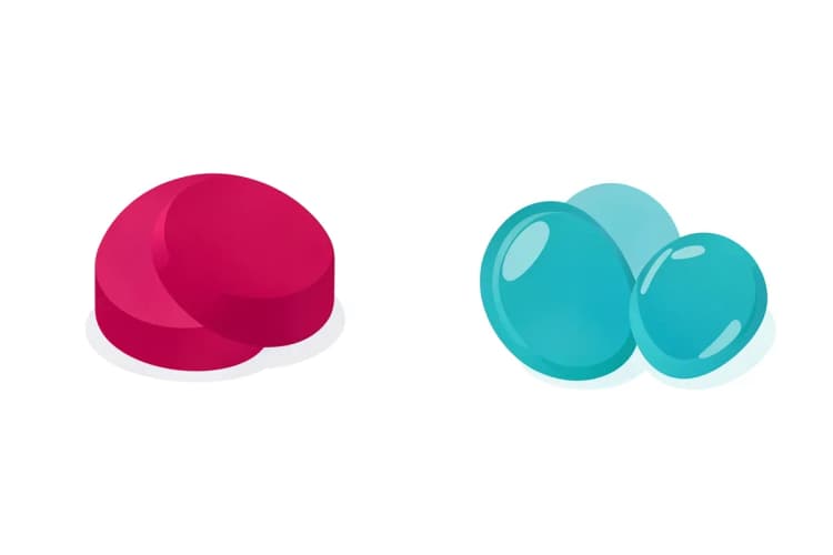 Comparación visual de creatina masticable y creatina en gomitas, mostrando sus diferencias.