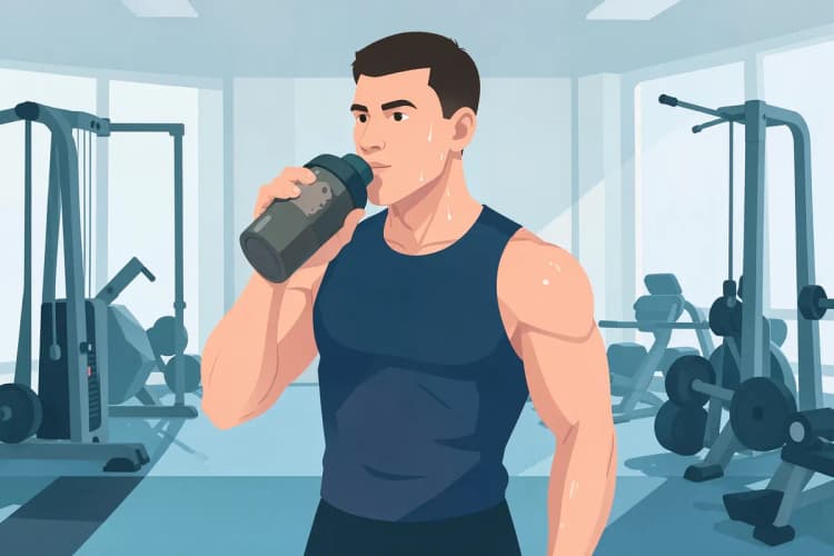 Hombre enérgico tomando un batido de proteínas después de entrenar en un gimnasio moderno