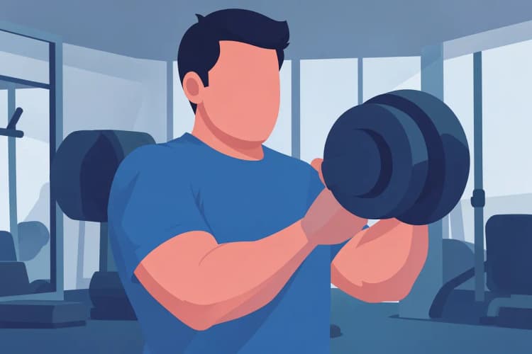 Primer plano de un hombre con camiseta azul levantando una pesa en un gimnasio con luz tenue