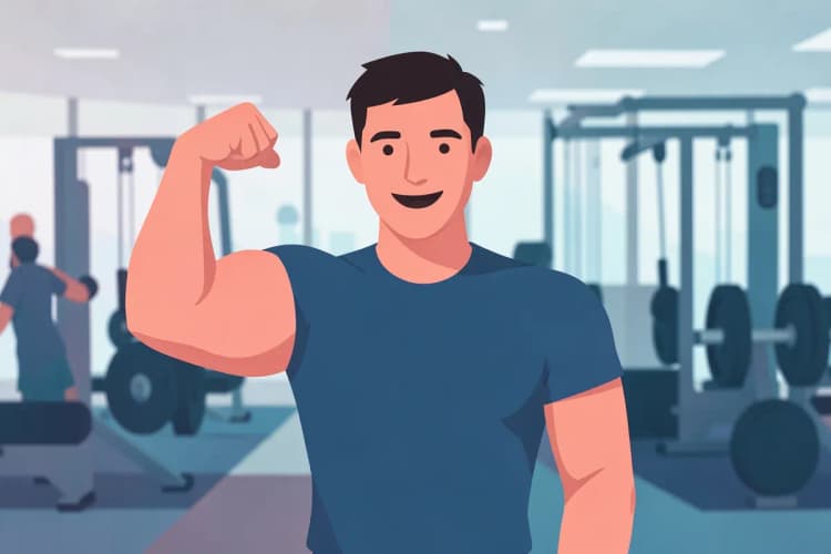 Hombre sonriente mostrando sus bíceps en un gimnasio con pesas de fondo