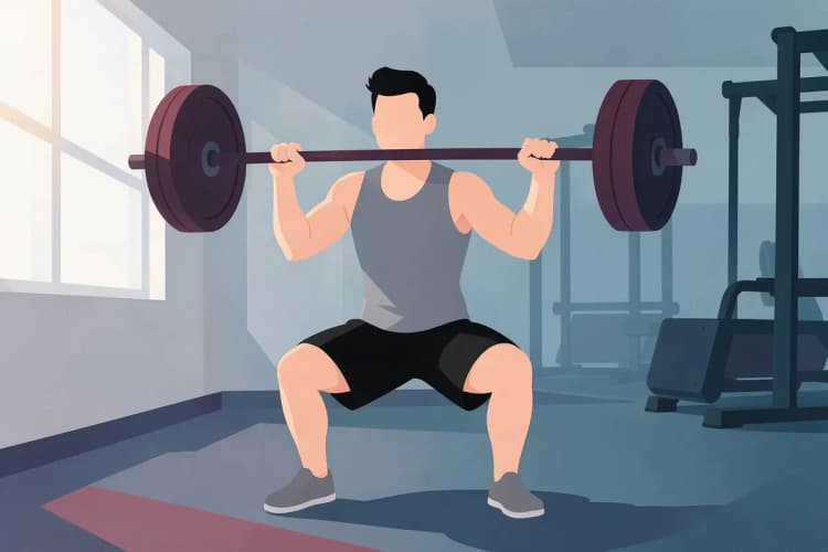 Hombre concentrado haciendo sentadillas con barra en un gimnasio con luz natural