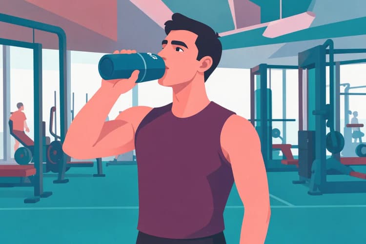 Hombre delgado bebiendo agua de una botella en un gimnasio moderno