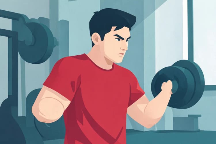 Hombre joven con camiseta roja levantando una pesa en un gimnasio con luz de ventana
