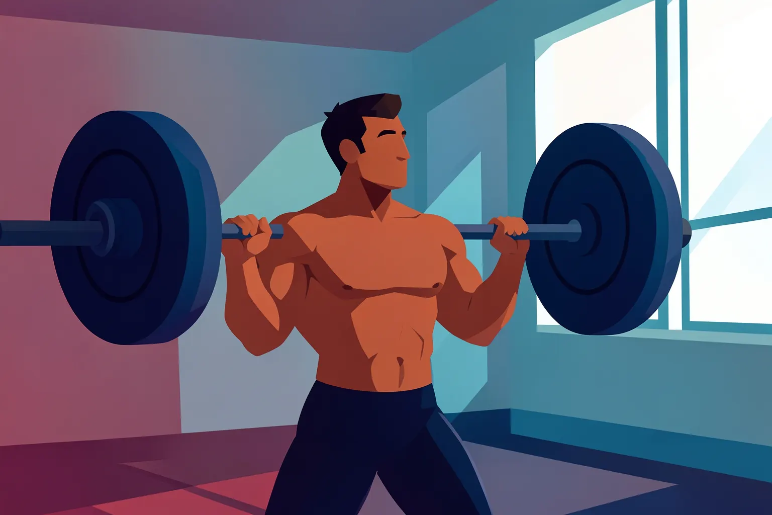 Hombre levantando pesas en un gimnasio con luz natural fuerte
