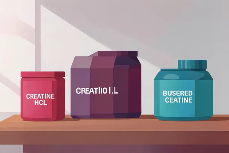 Variedad de suplementos de creatina en envases: monohidrato, HCL, etc.